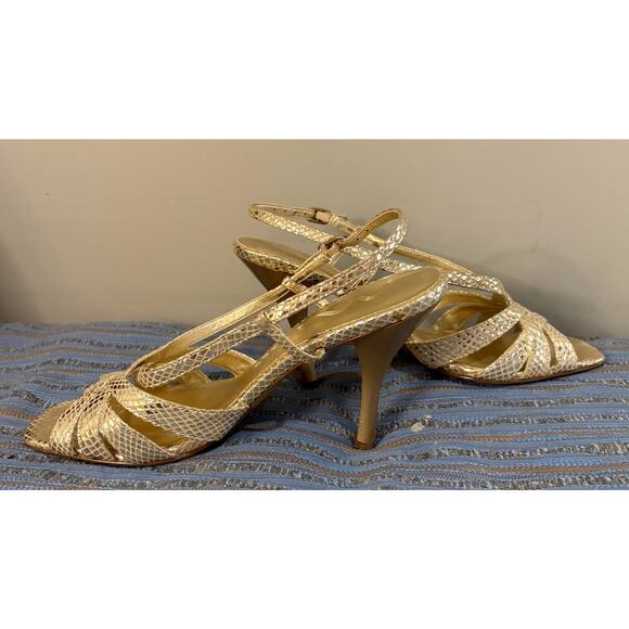 Nina Cracked Gold Leather Strappy Slingback Sandals - Size 9 - Picture 1 of 9